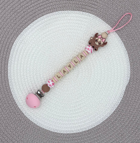 Personalised Highland Cow Dummy Clip