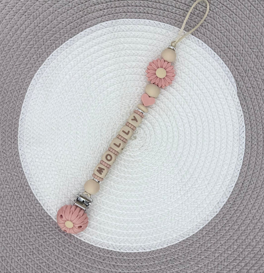 Personalised Peach&Beige Flower Bundle•Dummy Clip•Teething Ring•Keyring