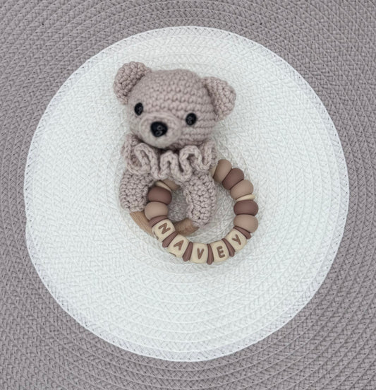 Personalised Beige&Brown Teddy Bundle•Dummy Clip•Bear Teething Ring•Keyring