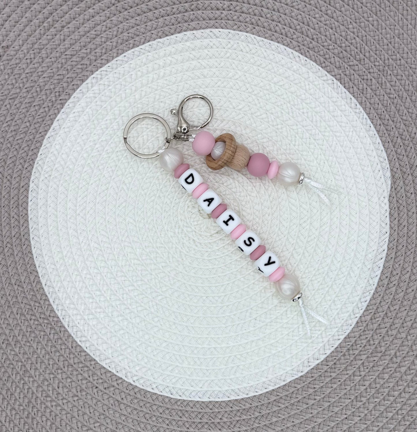 Personalised Pink Bunny Bundle•Dummy Clip•Bunny Teething Ring•Keyring