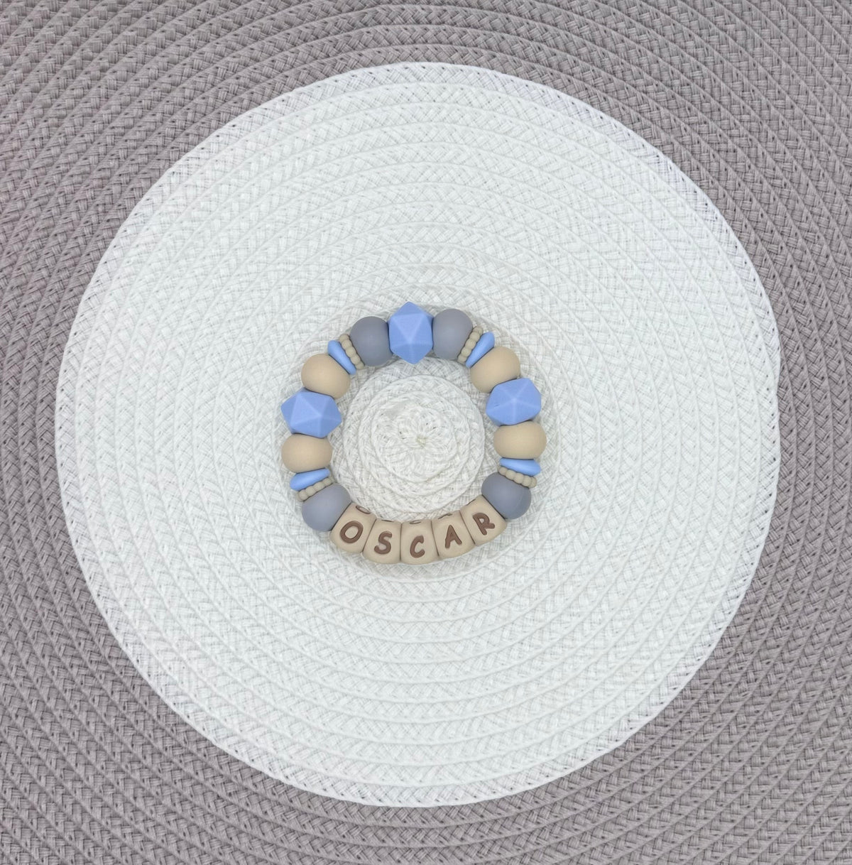 Personalised Blue&Beige Car Bundle•Dummy Clip•Teething Ring•Keyring