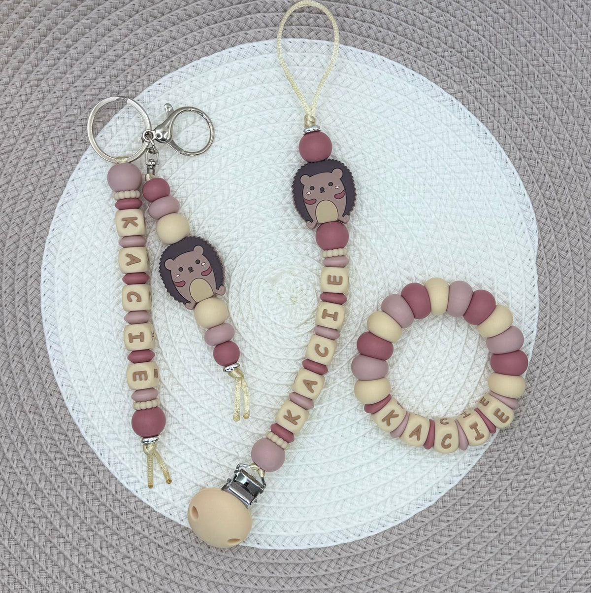 Personalised Pink&Beige Hedgehog Bundle•Dummy Clip•Teething Ring•Keyring