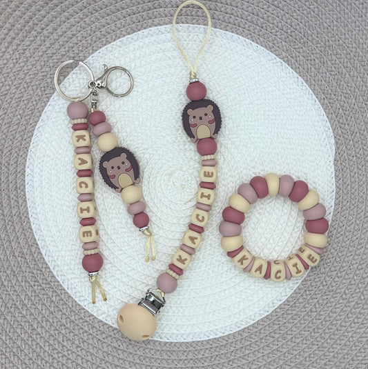 Personalised Pink&Beige Hedgehog Bundle•Dummy Clip•Teething Ring•Keyring