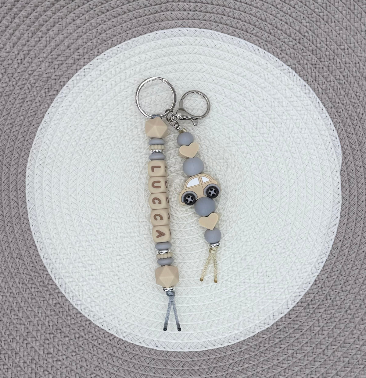 Personalised Beige&Grey Car bundle•Dummy Clip•Teething Ring•Keyring