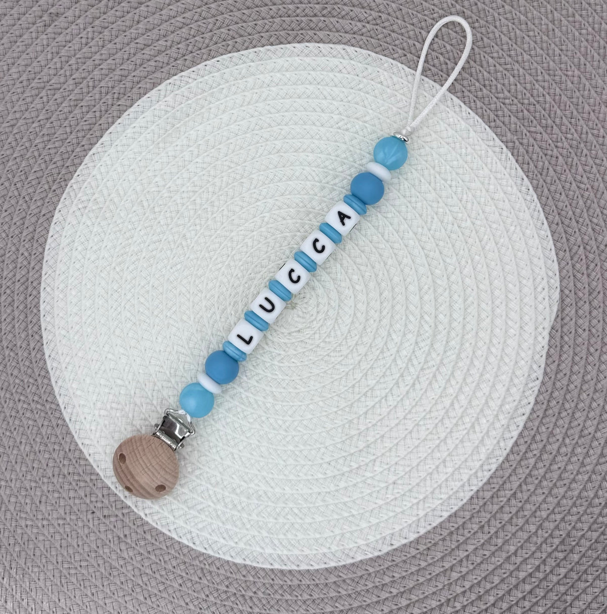 Personalised Blue&White Bear Bundle•Dummy Clip•Bear Teething Ring•Keyring
