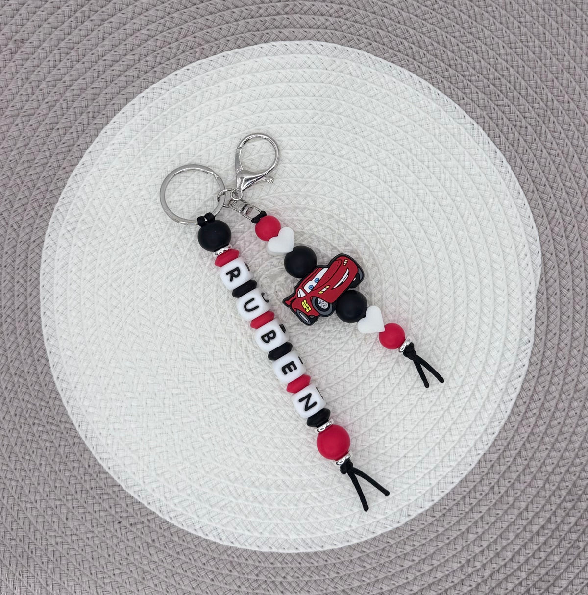 Personalised Red&Black Cars Bundle•Dummy Clip•Teething Ring•Keyring