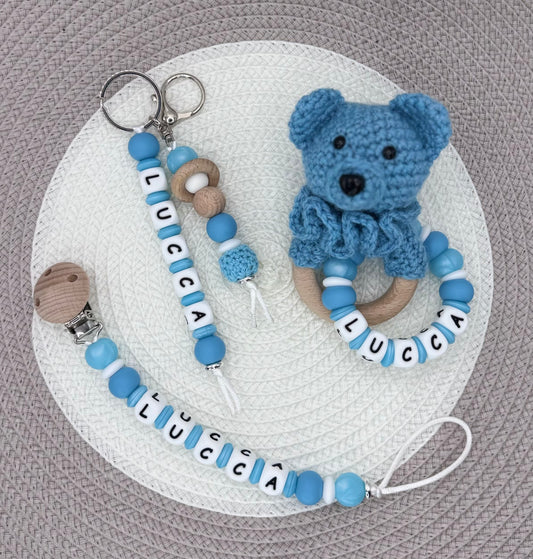 Personalised Blue&White Bear Bundle•Dummy Clip•Bear Teething Ring•Keyring
