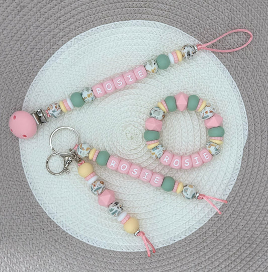 Personalised Animal Theme Bundle•Dummy Clip•Teething Ring•Keyring