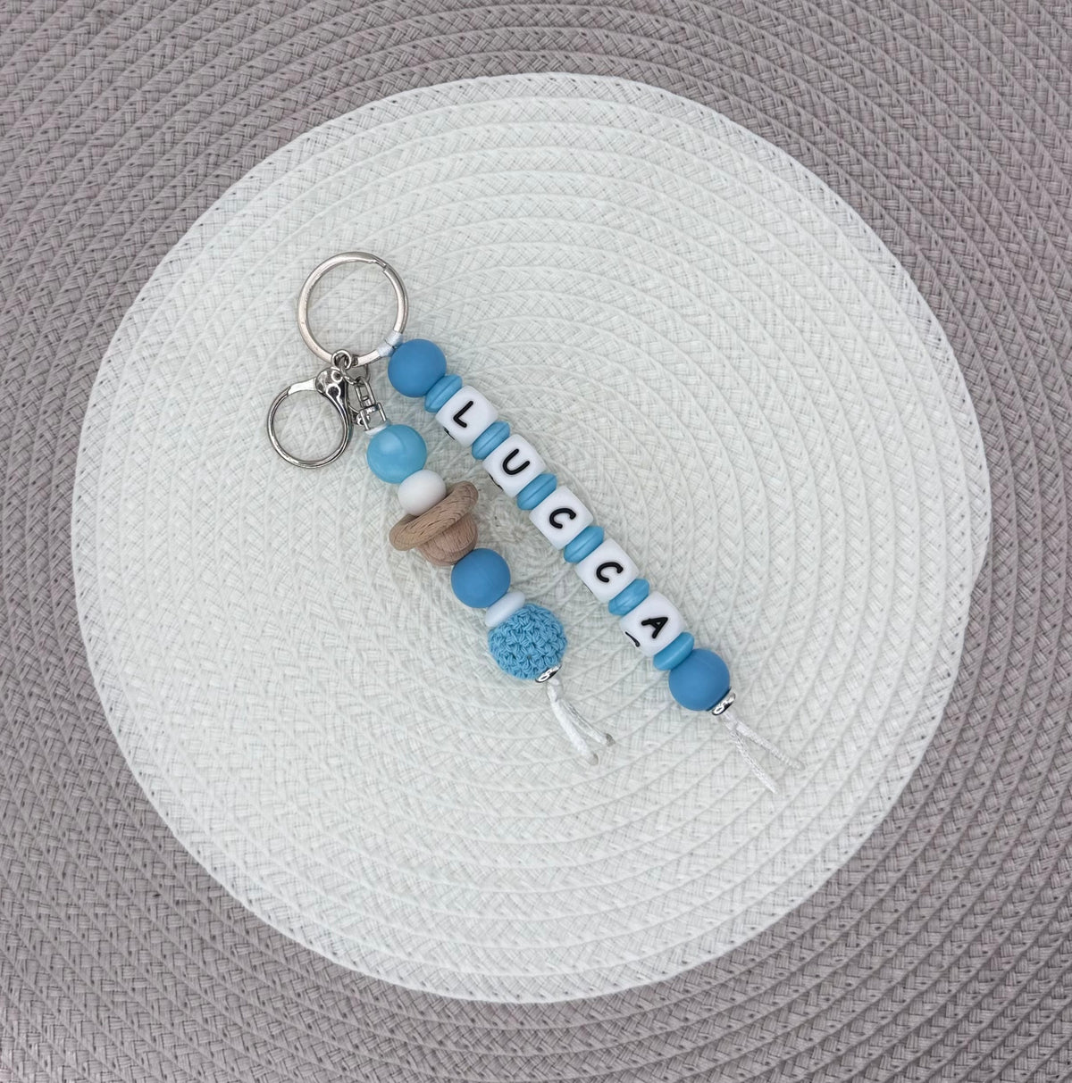 Personalised Blue&White Bear Bundle•Dummy Clip•Bear Teething Ring•Keyring
