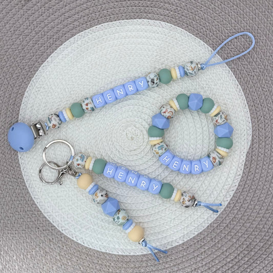 Personalised Animal Theme Bundle•Dummy Clip•Teething Ring•Keyring