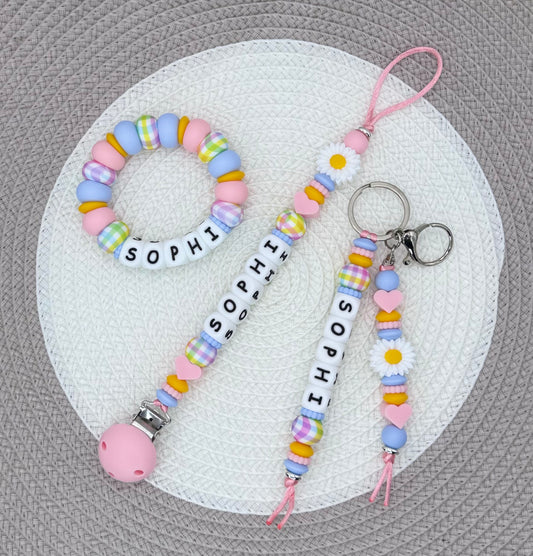 Personalised Colourful Daisy Bundle•Dummy Clip•Teething Ring•Keyring