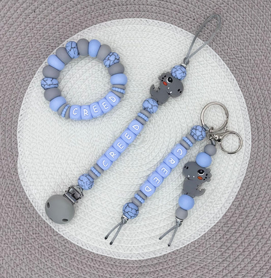 Personalised Blue&Grey Dinosaur Bundle•Dummy Clip•Teething Ring•Keyring