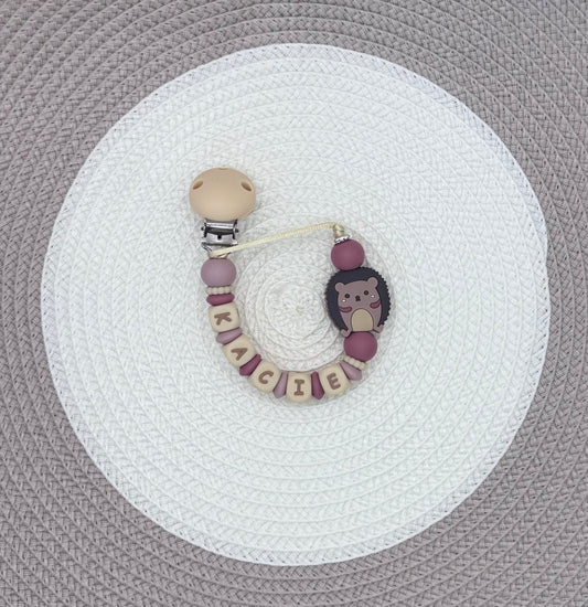 Personalised Pink&Beige Hedgehog Bundle•Dummy Clip•Teething Ring•Keyring