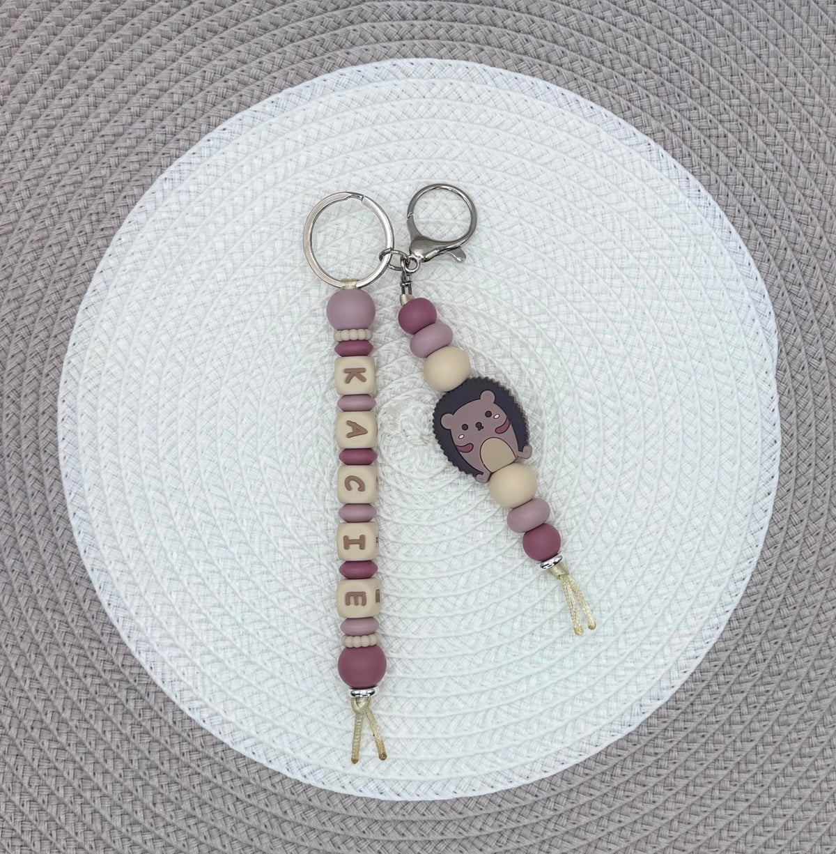 Personalised Pink&Beige Hedgehog Bundle•Dummy Clip•Teething Ring•Keyring