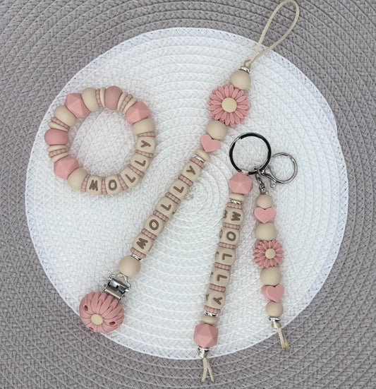 Personalised Peach&Beige Flower Bundle•Dummy Clip•Teething Ring•Keyring