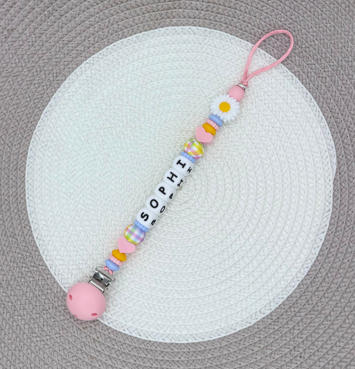 Personalised Colourful Daisy Bundle•Dummy Clip•Teething Ring•Keyring