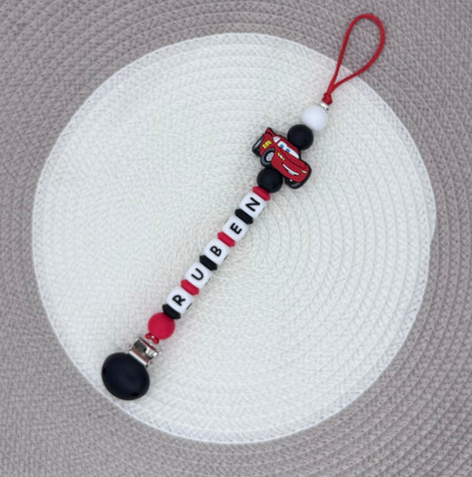 Personalised Red&Black Cars Bundle•Dummy Clip•Teething Ring•Keyring