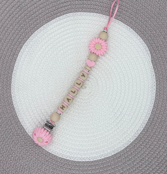 Personalised Pink&Beige Flower Bundle•Dummy Clip•Teething Ring•Keyring