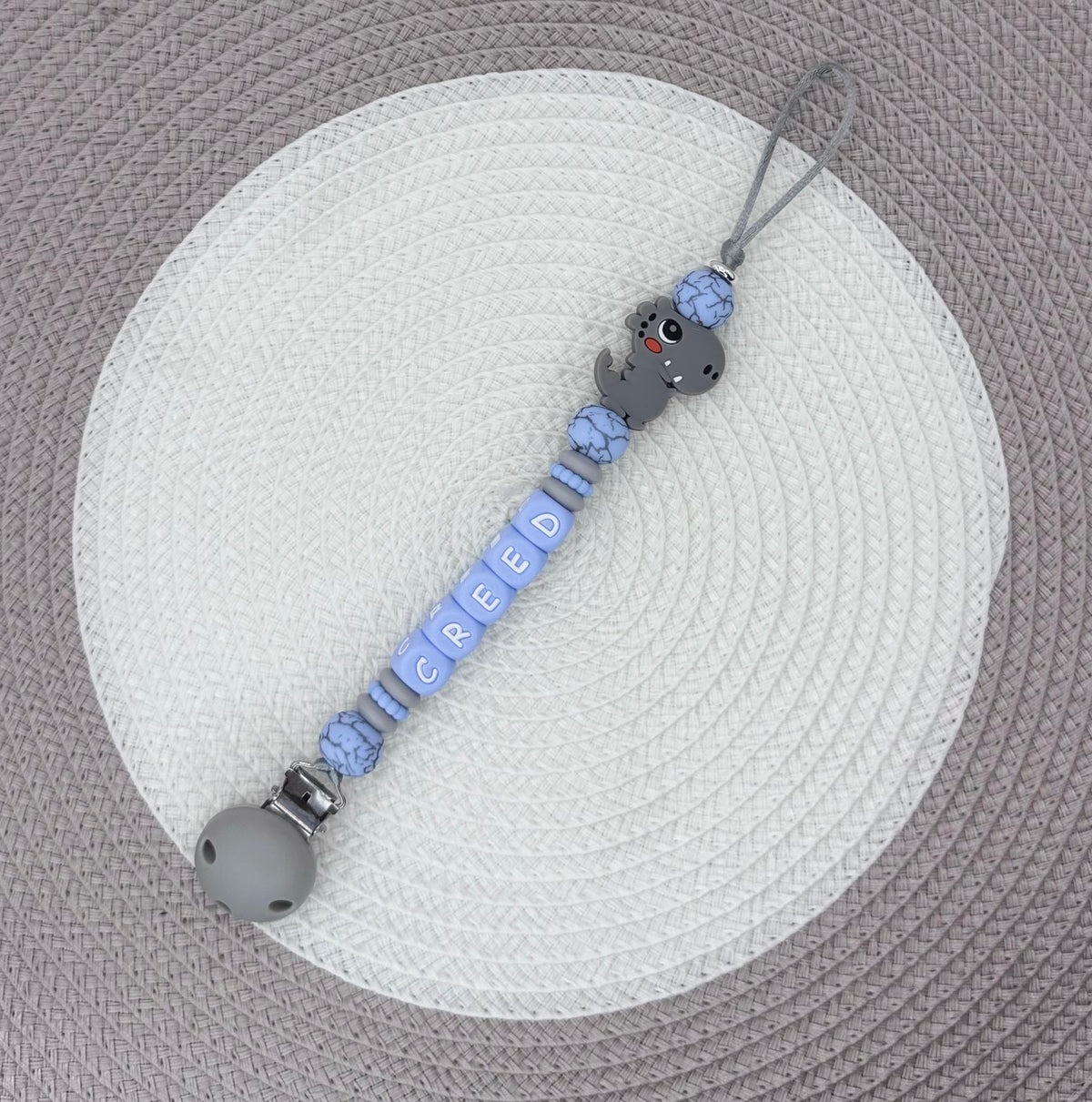 Personalised Blue&Grey Dinosaur Bundle•Dummy Clip•Teething Ring•Keyring