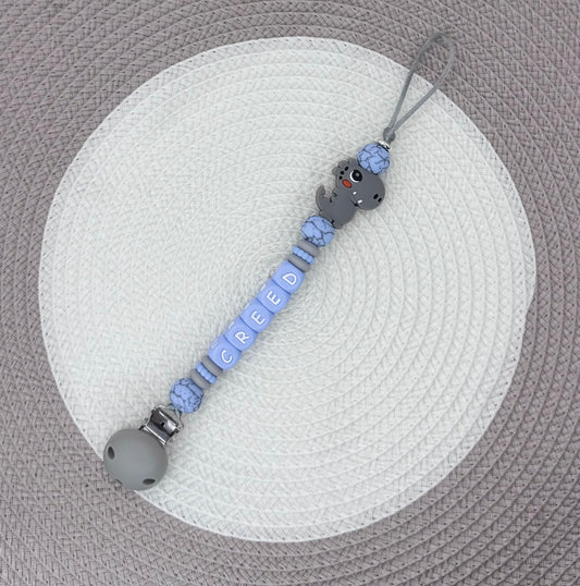 Personalised Blue&Grey Dinosaur Bundle•Dummy Clip•Teething Ring•Keyring