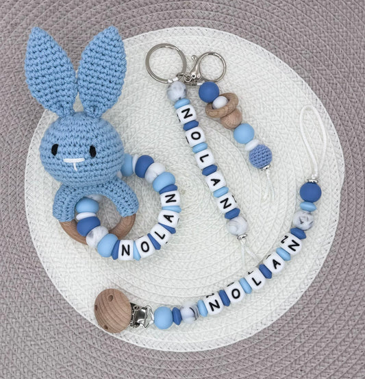 Personalised Bunny Bundle•Dummy Clip•Bunny Teething Ring•Keyring