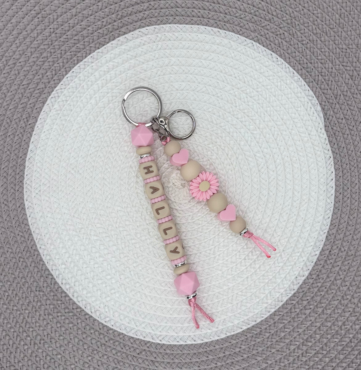 Personalised Pink&Beige Flower Bundle•Dummy Clip•Teething Ring•Keyring