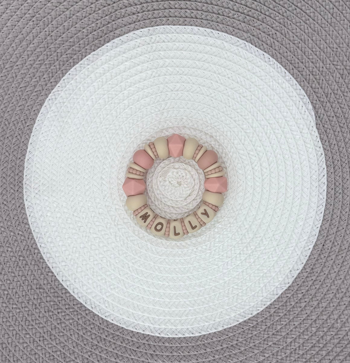 Personalised Peach&Beige Flower Bundle•Dummy Clip•Teething Ring•Keyring