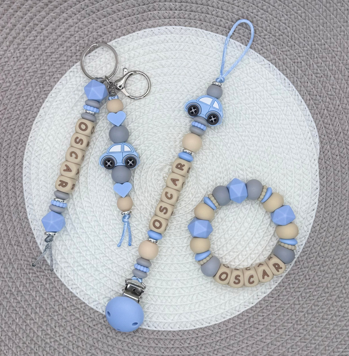 Personalised Blue&Beige Car Bundle•Dummy Clip•Teething Ring•Keyring