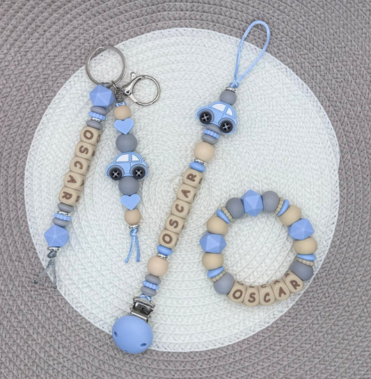 Personalised Blue&Beige Car Bundle•Dummy Clip•Teething Ring•Keyring