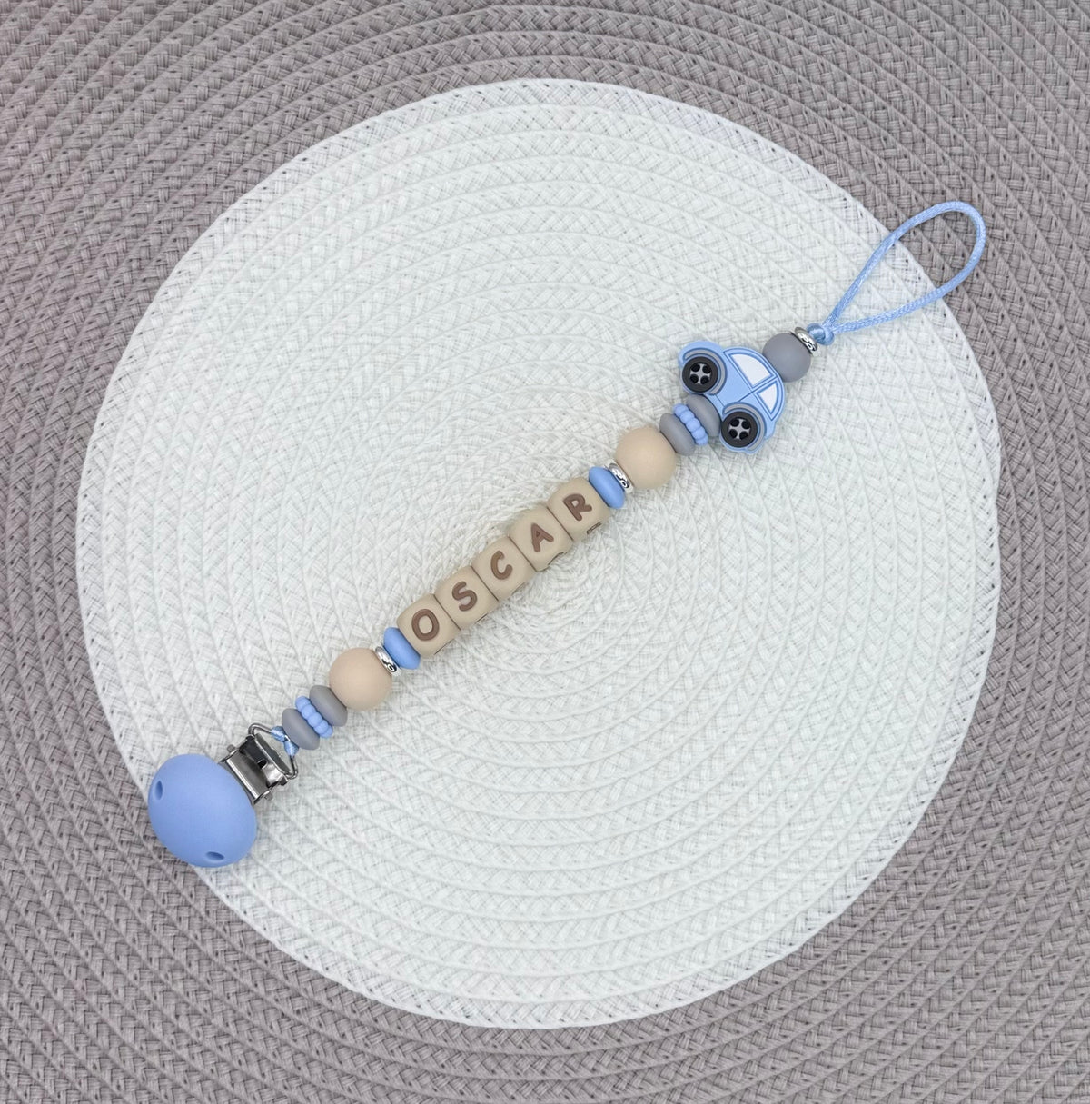 Personalised Blue&Beige Car Bundle•Dummy Clip•Teething Ring•Keyring