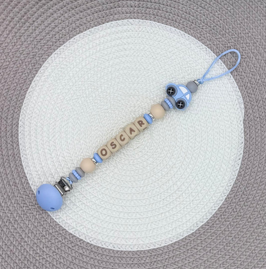 Personalised Blue&Beige Car Bundle•Dummy Clip•Teething Ring•Keyring