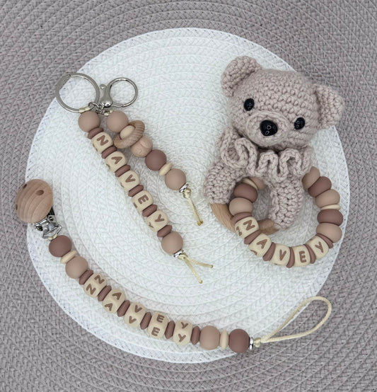 Personalised Beige&Brown Teddy Bundle•Dummy Clip•Bear Teething Ring•Keyring