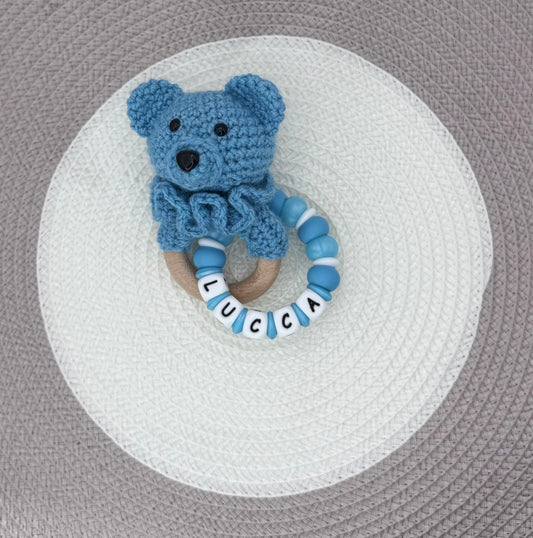 Personalised Blue&White Bear Bundle•Dummy Clip•Bear Teething Ring•Keyring