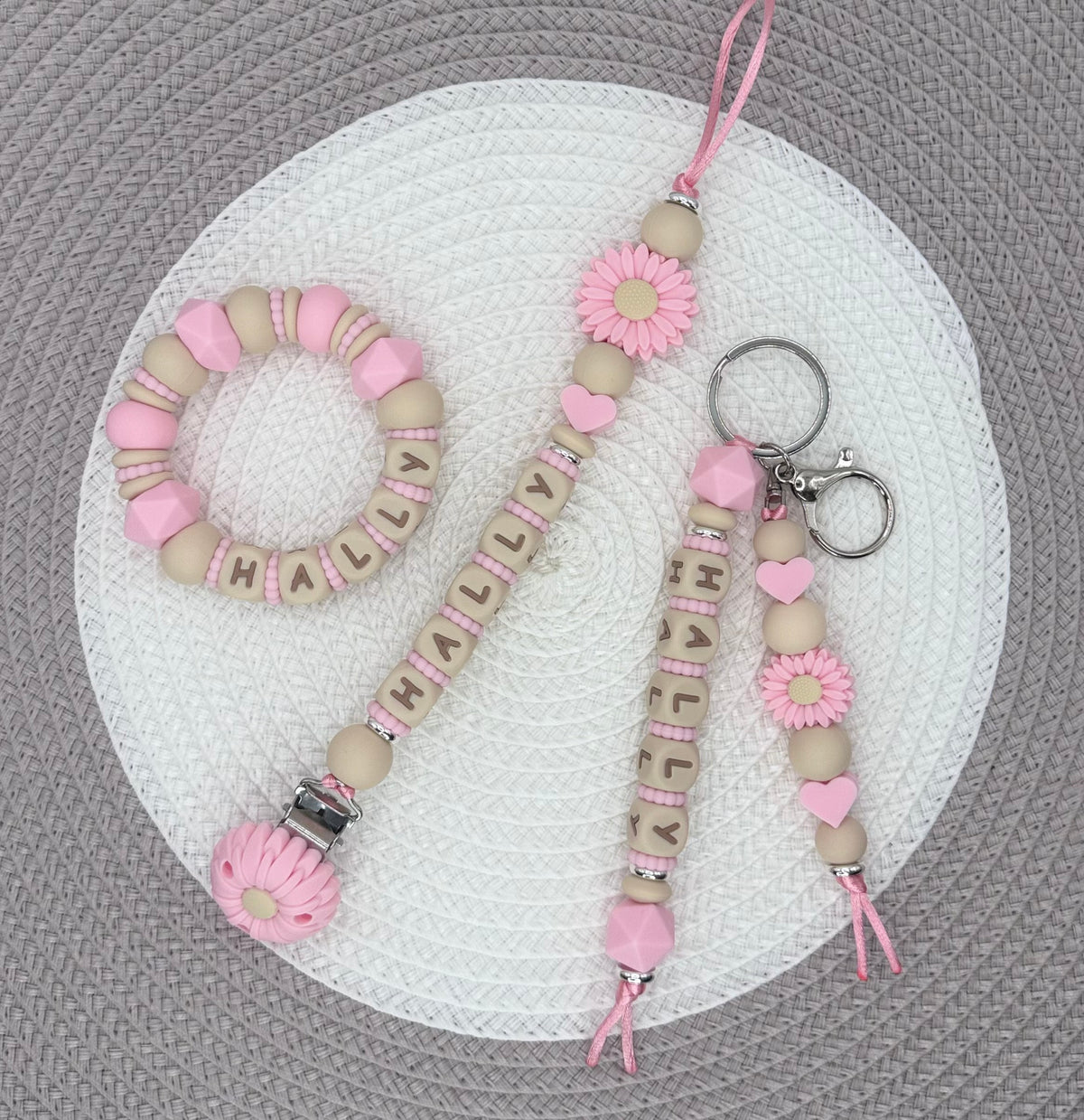 Personalised Pink&Beige Flower Bundle•Dummy Clip•Teething Ring•Keyring