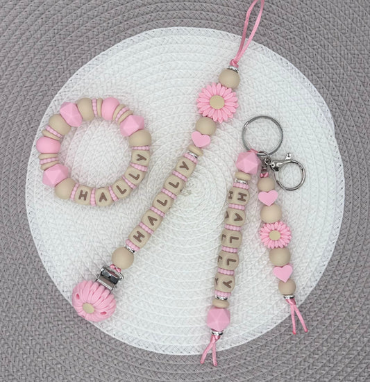 Personalised Pink&Beige Flower Bundle•Dummy Clip•Teething Ring•Keyring