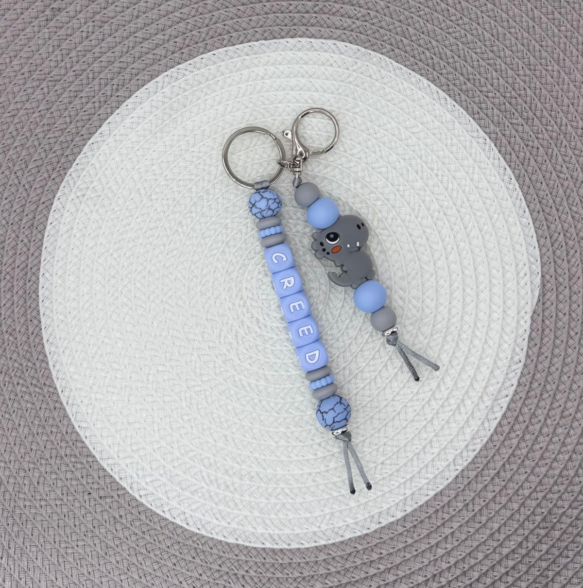 Personalised Blue&Grey Dinosaur Bundle•Dummy Clip•Teething Ring•Keyring