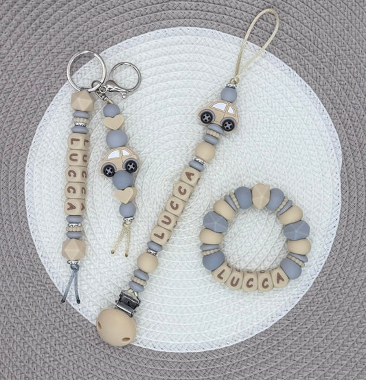 Personalised Beige&Grey Car bundle•Dummy Clip•Teething Ring•Keyring