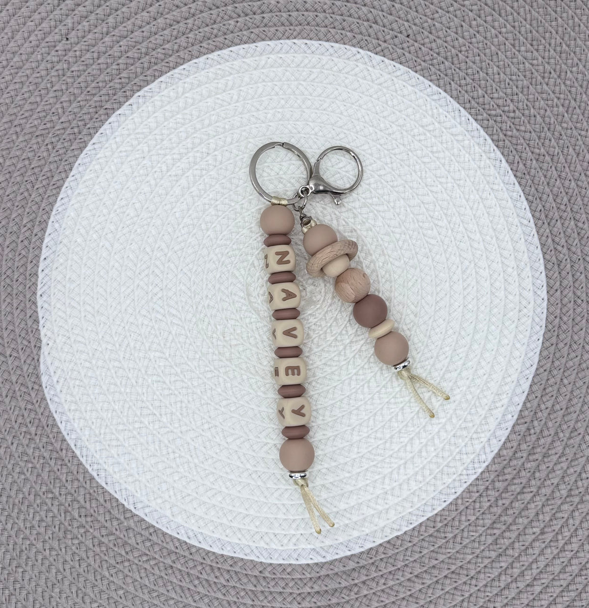Personalised Beige&Brown Teddy Bundle•Dummy Clip•Bear Teething Ring•Keyring