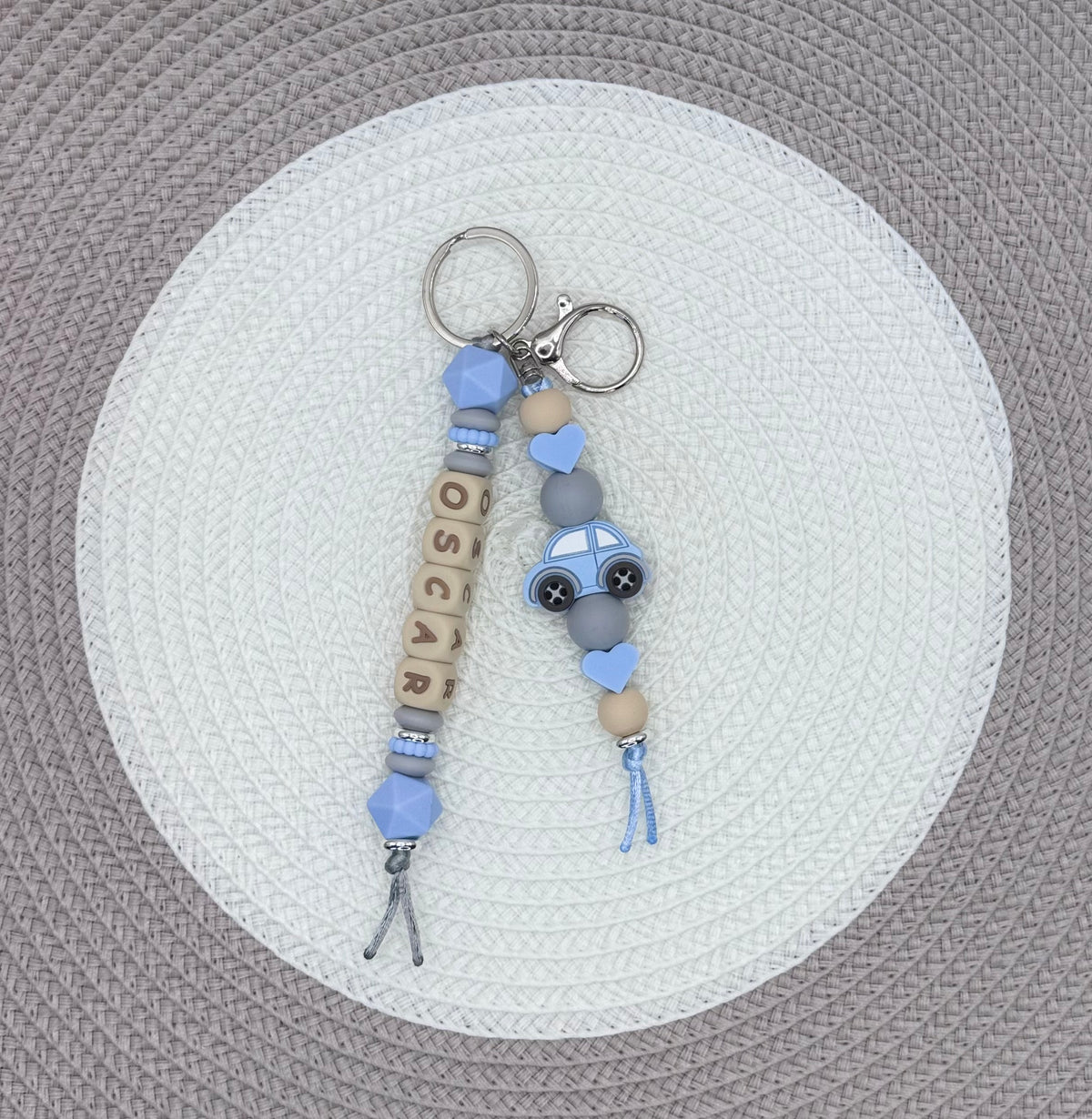Personalised Blue&Beige Car Bundle•Dummy Clip•Teething Ring•Keyring
