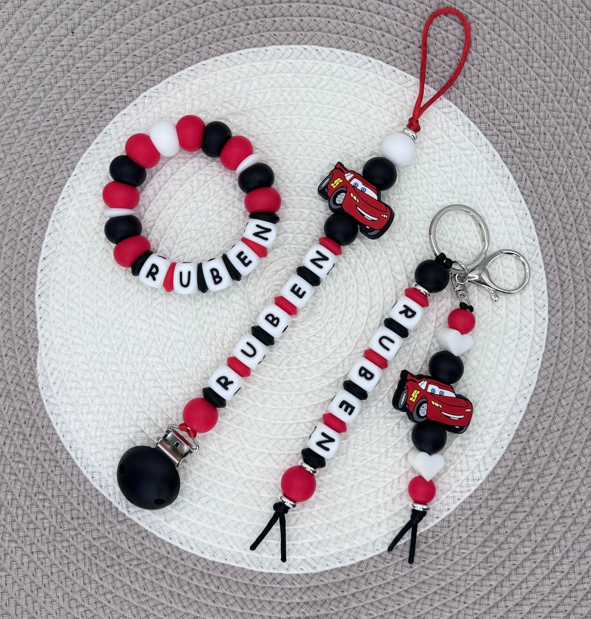 Personalised Red&Black Cars Bundle•Dummy Clip•Teething Ring•Keyring