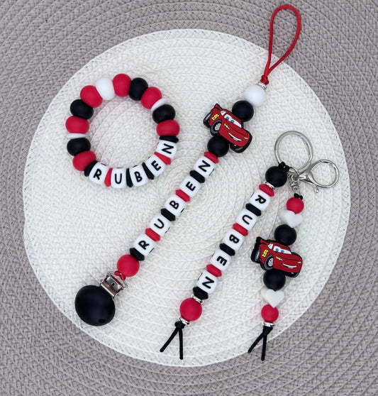 Personalised Red&Black Cars Bundle•Dummy Clip•Teething Ring•Keyring