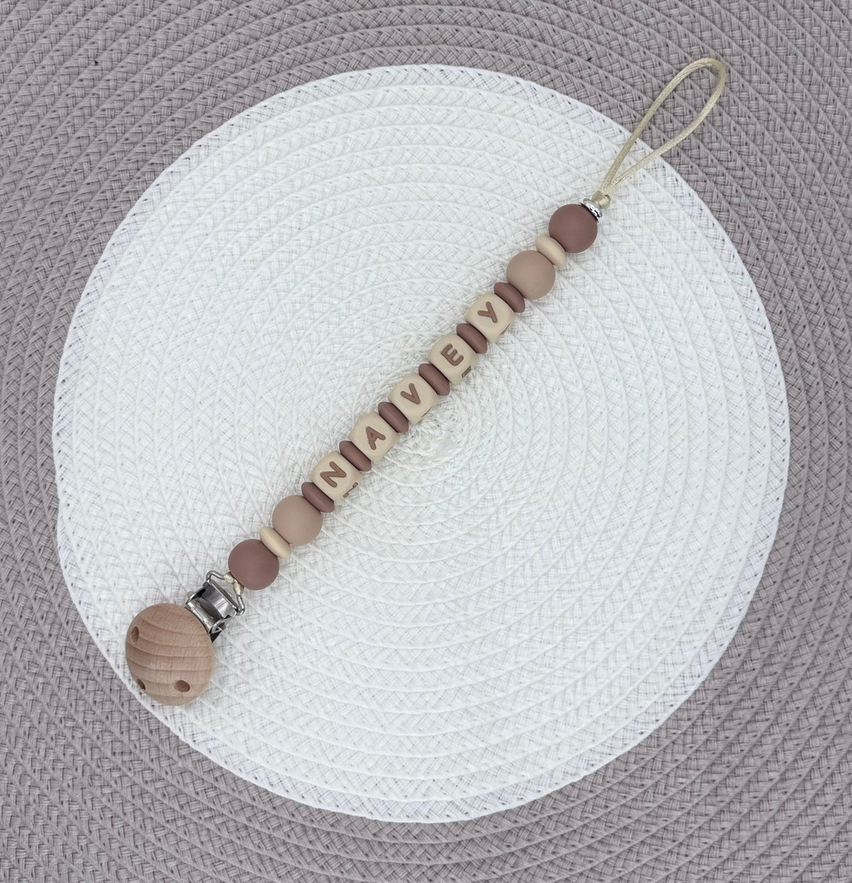 Personalised Beige&Brown Teddy Bundle•Dummy Clip•Bear Teething Ring•Keyring