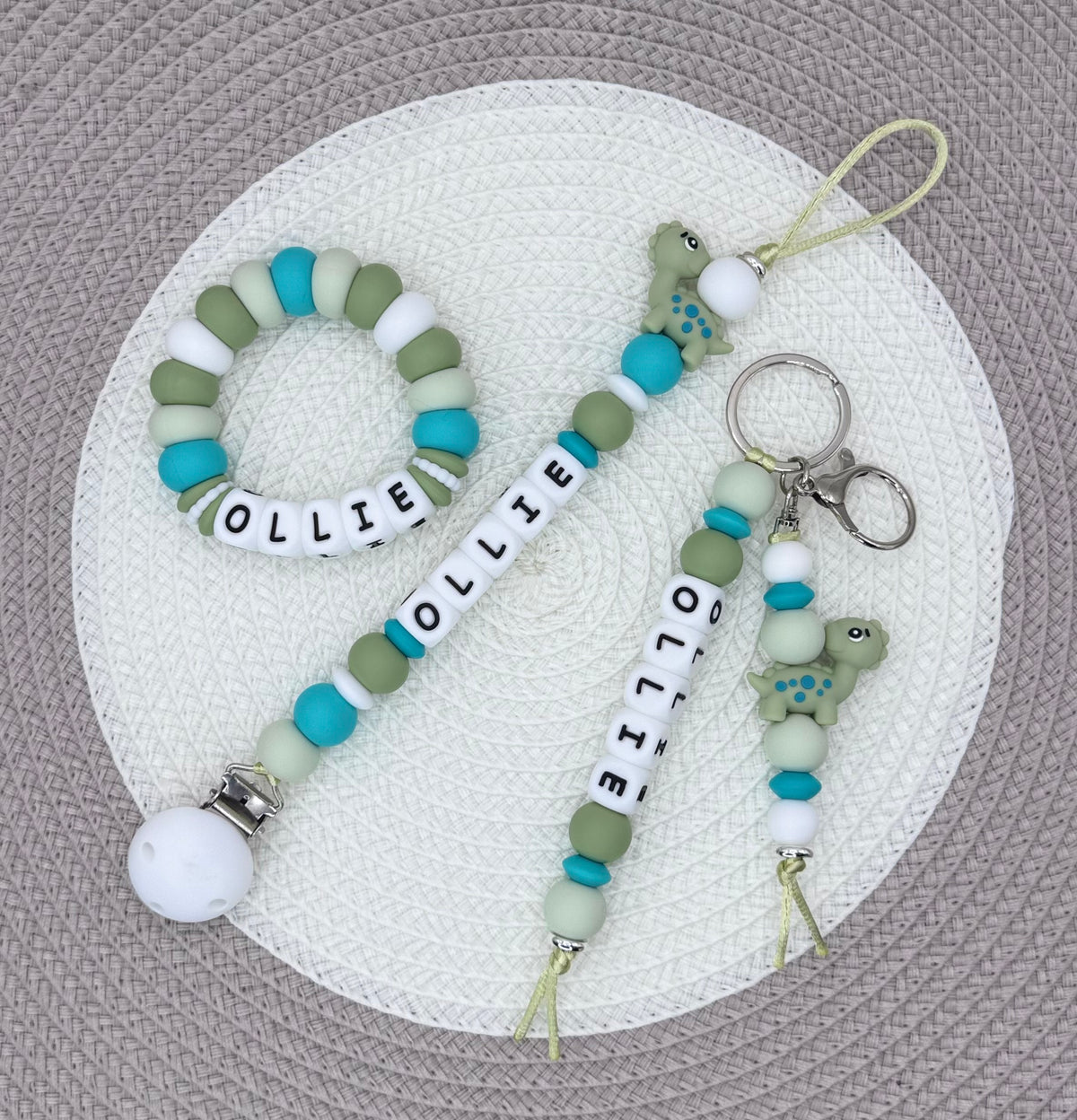 Personalised Dino Bundle•Dummy  Clip•Teether•Keyring