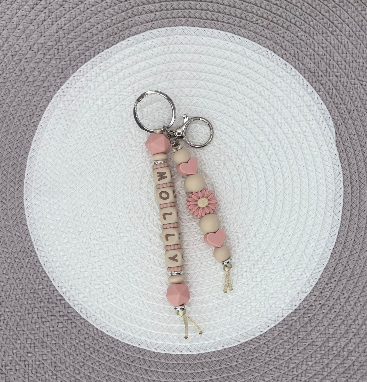 Personalised Peach&Beige Flower Bundle•Dummy Clip•Teething Ring•Keyring