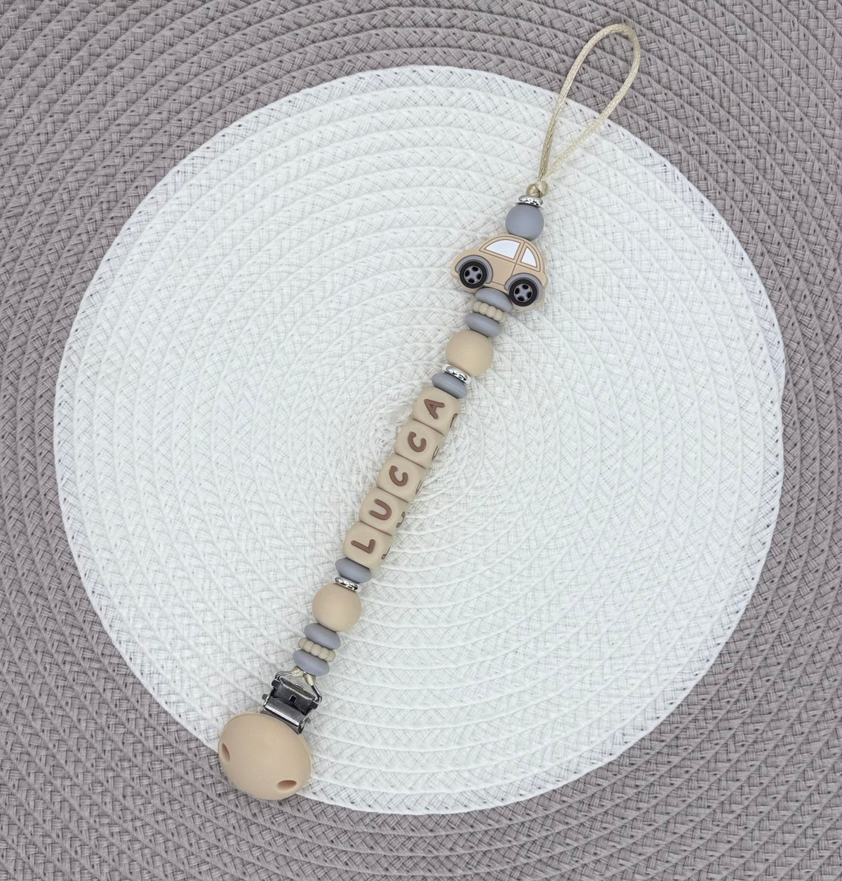 Personalised Beige&Grey Car bundle•Dummy Clip•Teething Ring•Keyring