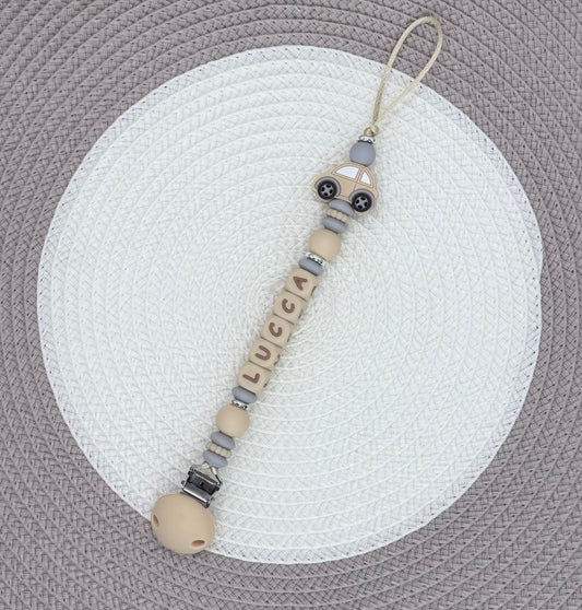 Personalised Beige&Grey Car bundle•Dummy Clip•Teething Ring•Keyring