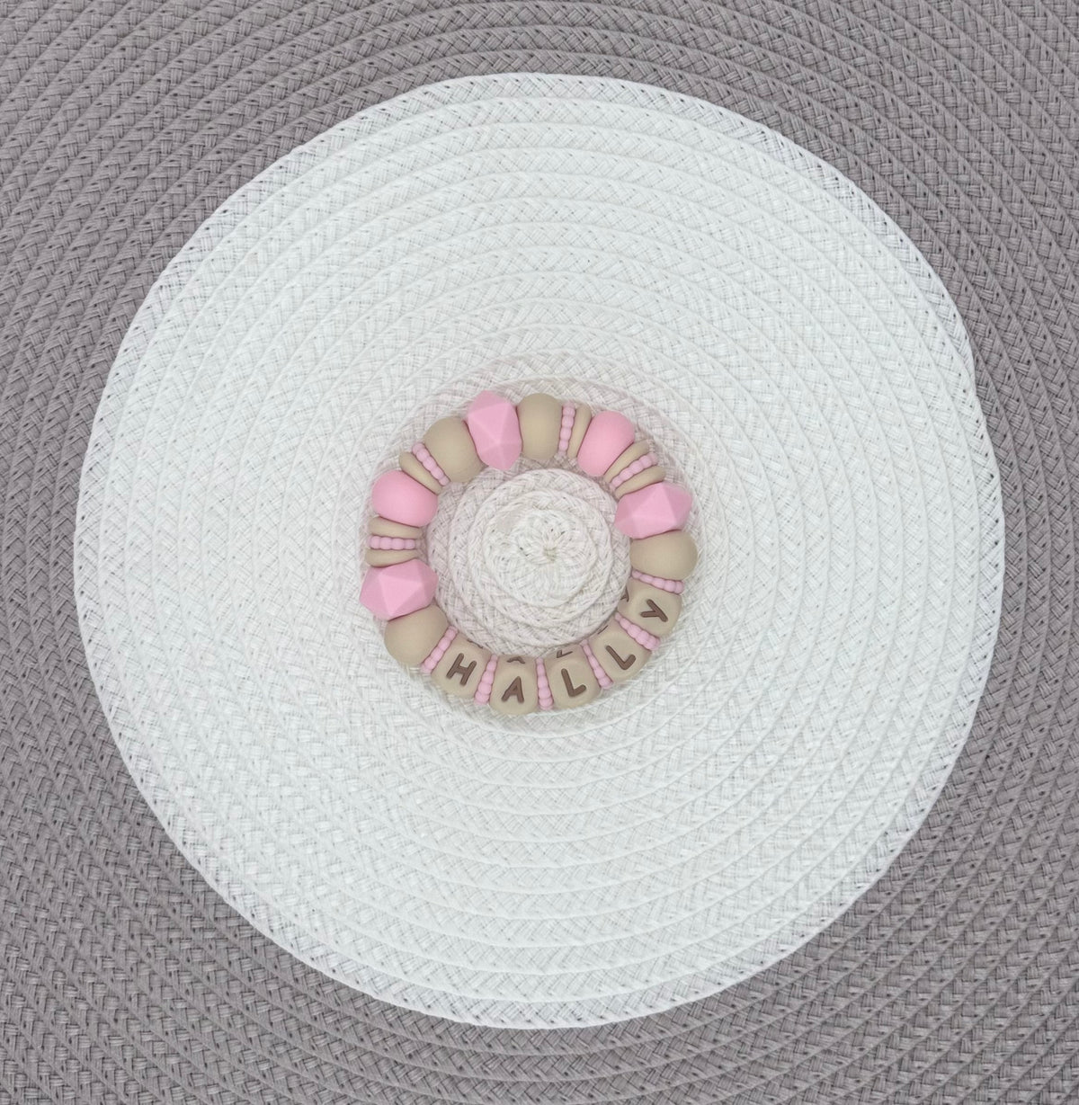 Personalised Pink&Beige Flower Bundle•Dummy Clip•Teething Ring•Keyring