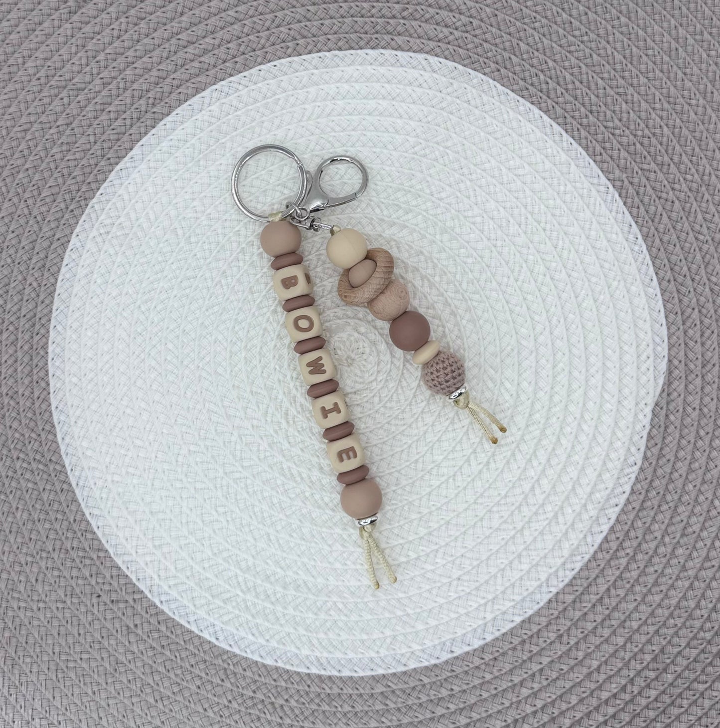 Personalised Beige&Brown Bunny Bundle•Dummy Clip•Bunny Teething Ring•Keyring
