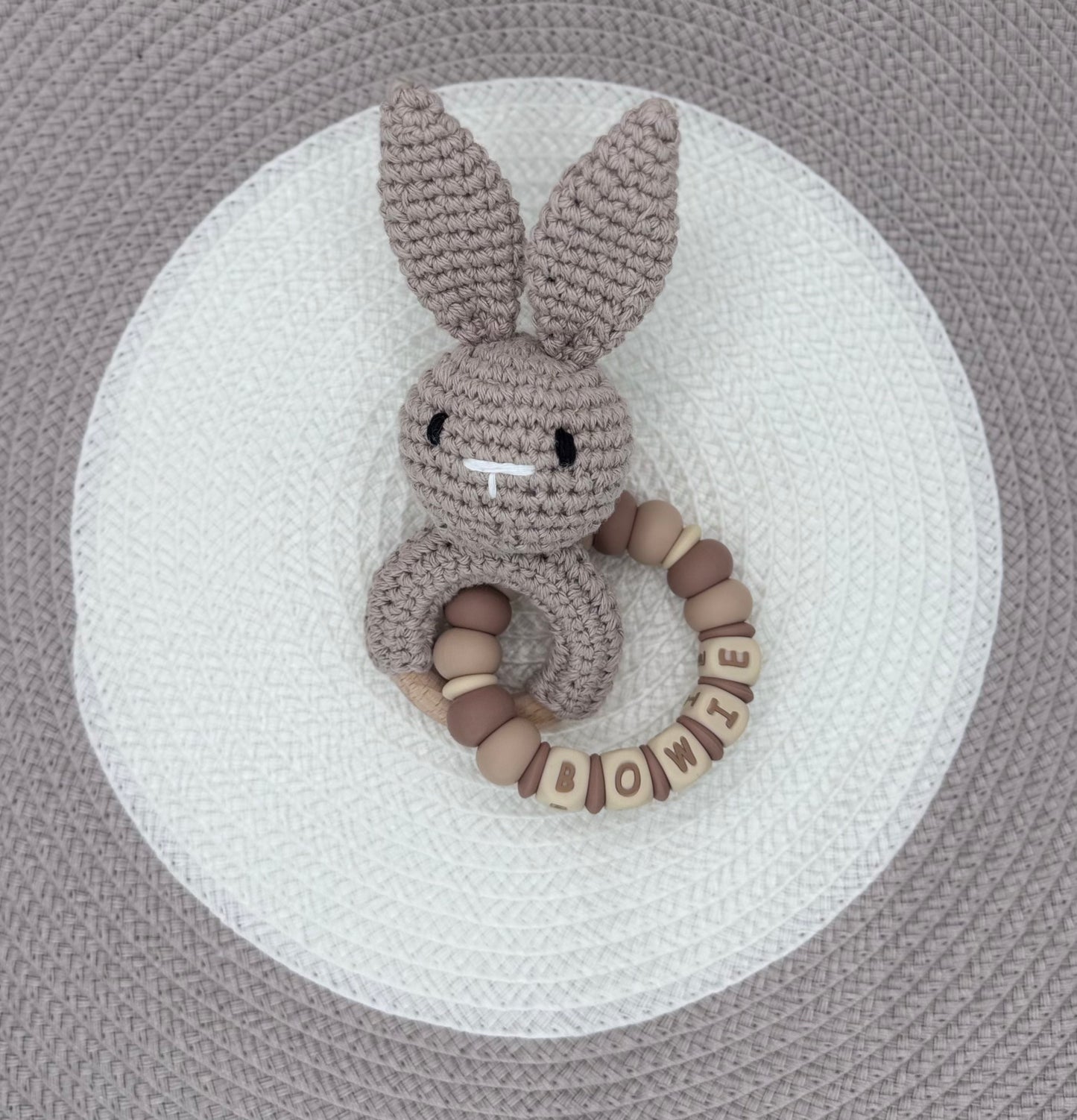 Personalised Beige&Brown Bunny Bundle•Dummy Clip•Bunny Teething Ring•Keyring