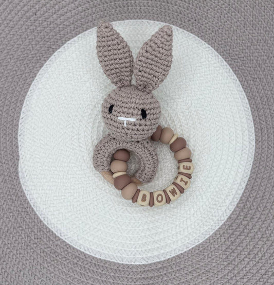 Personalised Beige&Brown Bunny Bundle•Dummy Clip•Bunny Teething Ring•Keyring